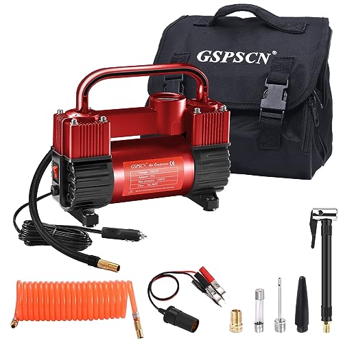 GSPSCN 12V Heavy Duty Tire Inflator Metal Portable Air Compressor Pump | 6X Faster Inflation Dual Cylinders 150PSI Air Pump with Adapter for Car, RV,Pickup Truck, SUV, Van,Camper, Air Bed,Ball - color: Red