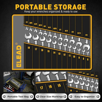 ELEAD 24-Piece Ratcheting Wrench Set, Metric 6-18mm & SAE 1/4"-3/4", 12-Point 72-Tooth CR-V Steel Combination Wrenches with Tool Roll Bag and Magnetic Wrench Organizer for Automotive Repair