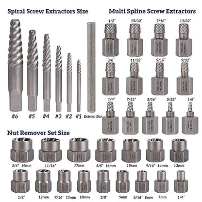 Screw & Bolt Extractor Set,36 Pieces extractor set | 2-in-1 Multi-Spline Lug Nut Remover, Easy Out Stripped Screw Removal Tool Kit