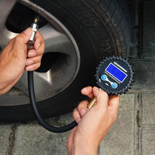 MEASUREMAN 2-1/2" Dial Size Digital Air Pressure Gauge with 1/4'' NPT Bottom Connector and Protective Boot, 0-250psi, Accuracy 1%, Battery Powered with LED Light Short Thread - size: Short thread, style: 0-250psi