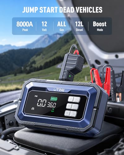 UTRAI Jump Starter with Air Compressor,8000A Portable Car Battery Jump Starter for All Gas/12L Diesel,150PSI Tire Inflator with Auto Shut-Off,160W DC Output, 2000LM Light,OBD2 Scanner