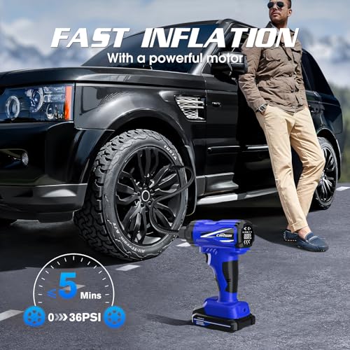 CARSUN Tire Inflator Portable Air Compressor, 150PSI Cordless Tire Pump with DC 12V/Battery Dual Power Supplies, Portable Handheld Air Pump, Digital Pressure Gauge for Car Tires, Bicycles, Balls, Blue