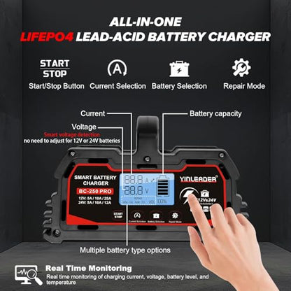 Battery Charger 25A, 12V/24V Lead Acid Smart Battery Charger, 12V LiFePO4 Car Battery Trickle Charger, Automatic Battery Maintainer for Car Motorcycle Lawn Mower Marine Boat Lead Acid Batteries - size: 25A