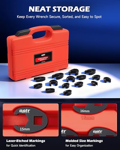Orion Motor Tech Crowfoot Wrench Set, 15-Piece Crows Foot Wrench Set with 8 to 24 mm Metric Flare Nut Wrenches, 1/2 & 3/8 in. Drive Flare Nut Wrench Set with Laser Etched Marking Carry Case, Red - color: Red