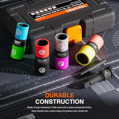 6PCS Lug Nut Socket Set, 1/2" Drive Impact Flip Socket Set | Non-Marring Socket Set, 8 in 1 Dual End Wheel Tire Nut Sockets Metric 17 19 21 22 mm & SAE 3/4" 13/16" 7/8" 15/16"