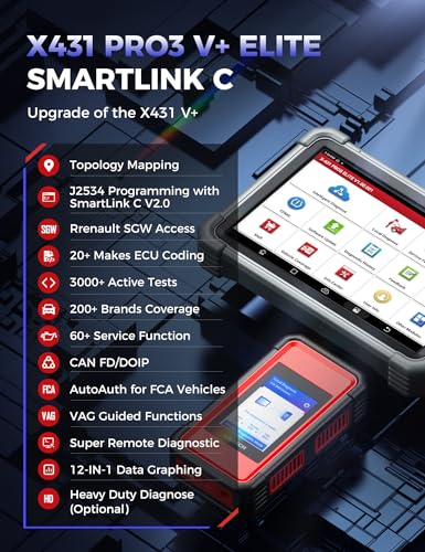 Launch X431 PRO3 V+ Elite, 2026 SmartlinkC 2.0 Bidirectional Scan Tool with J2534 Portocol, HD Trucks Scanner, 10.1 inch, Topology Map, 60+Service, Online Code, CANFD/DoIP/D-PDU, FCA, 2 Yrs Update