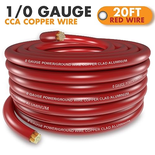Jeemiter 1/0 Gauge Wire CCA Copper Clad Aluminum (20FT Red) - Battery Cable,Power/Ground Cable for Car Amplifier,Big 3 Upgrade,Auto with Lug Terminal Connectors & 3:1Heat Shrink Tubing - size: 20FT Red