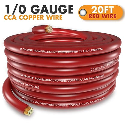 Jeemiter 1/0 Gauge Wire CCA Copper Clad Aluminum (20FT Red) - Battery Cable,Power/Ground Cable for Car Amplifier,Big 3 Upgrade,Auto with Lug Terminal Connectors & 3:1Heat Shrink Tubing - size: 20FT Red