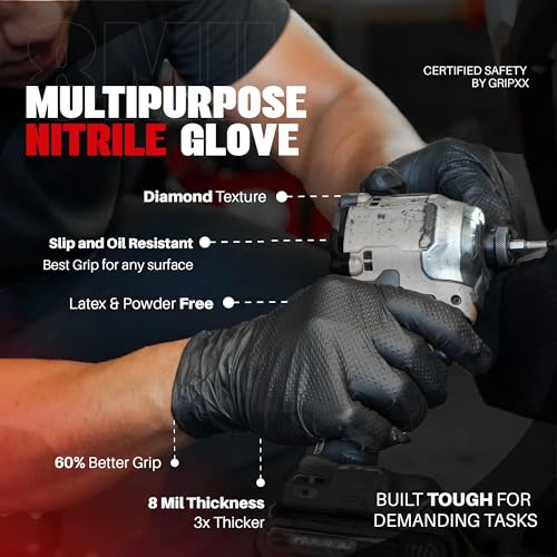 GRIPXX Herkules Grip Heavy Duty 8Mil Black Nitrile Gloves,3D Raised Diamond Texture-Latex & Powder-Free Industrial, Mechanic - size: Large