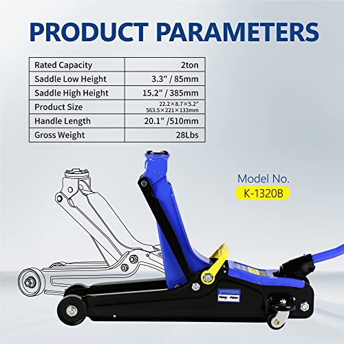 2T Low Profile Steel Floor Jack, 4000 lb, Single Pump, 3.3"-15.2" Lift | Heavy-duty steel, single-piston quick lift, low profile, 3.3"-15.2" range, includes storage bag, overload protection. - size: 2T Single Pump 3.3"-15.2" With Storage Bag