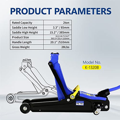 2T Low Profile Steel Floor Jack, 4000 lb, Single Pump, 3.3"-15.2" Lift | Heavy-duty steel, single-piston quick lift, low profile, 3.3"-15.2" range, includes storage bag, overload protection. - size: 2T Single Pump 3.3"-15.2" With Storage Bag