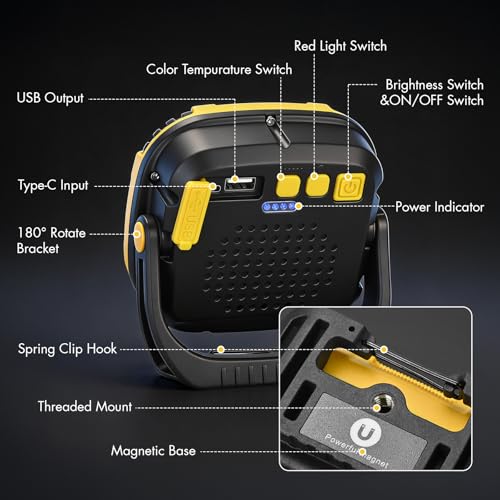 Rechargeable Work Light, 4000LM Magnetic LED Work Light | 6000mAh Magnetic Light, IP65 Waterproof, Emergency Flashlight, 30H Runtime, Portable Light for Mechanics, Car Repair(Yellow) - size: 1 Pack