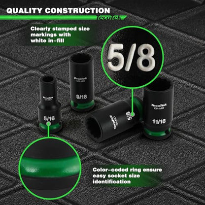 TecoTek 3/8-Inch Drive 12-Point SAE Semi-Deep Impact Socket Set, Mid-Length Socket Set, 5/16-Inch to 1-Inch, CR-MO, Stamped and Ink Filled Size Marking, 12-Piece - size: 5/16-Inch to 1-Inch