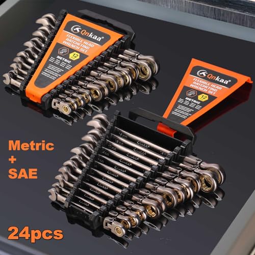 Qnkaa Flexible Ratcheting Wrench Set 24pcs Metric 8-19mm & SAE 1/4” to 7/8“ | Flex-Head Spanner Gear Ring Ratchet Combination Wrenches Kit with Portable Organizer - style: Metric+SAE 24pcs