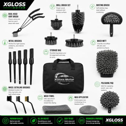 XGloss Motor™ 19-Piece Car Detailing Brush & Cleaning Kit – Drill Brush Set, Detail Brushes, Wheel Brushes, Wash Mitt, Towel, Vent & Dusting Brushes, Applicator Pad & Storage Bag