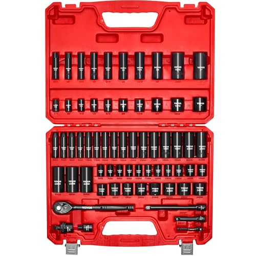 VEVOR Impact Socket Set 3/8" Drive, 64-Piece Standard SAE (5/16 to 1 inch) & Metric (6 to 24 mm) Size, Deep & Shallow, 6 Point, CR-V, Ratchet Handle, Extension Bars, Universal Joint, Adapters - style: 3/8" 64 PCS