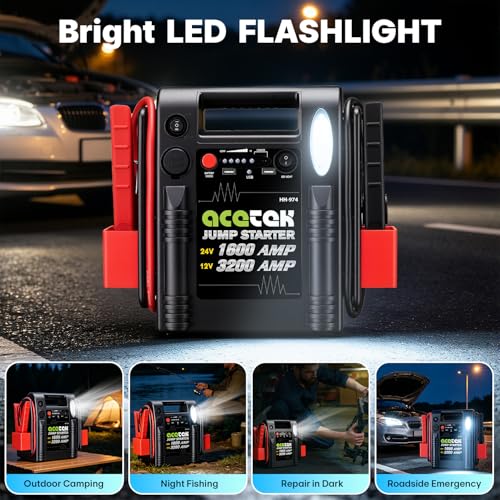 24V / 12V Jump Starter, acetek 1600/3200 Peak Amp Battery Jump Starter for Truck Car Tractor Excavator, Heavy Duty Jump Box Battery Pack with USB and DC Output