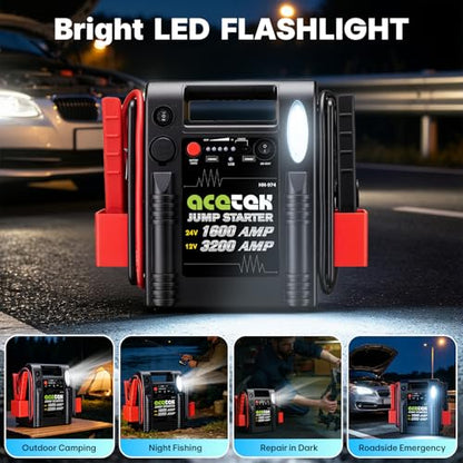 24V / 12V Jump Starter, acetek 1600/3200 Peak Amp Battery Jump Starter for Truck Car Tractor Excavator, Heavy Duty Jump Box Battery Pack with USB and DC Output