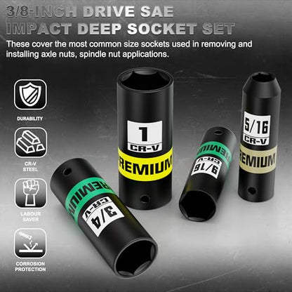 12-Piece 3/8-Inch Drive SAE Impact Deep Socket Set, 5/16 to 1 inch, CR-V, 6 Point, Heavy-Duty Sockets for Impact Wrenches, Automotive and Home - size: 3/8" 12pcs SAE