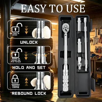 TYD 3/8 Inch Drive Click Torque Wrench Set, 10–60 Nm ±4% Precision | 72-Tooth Reversible Ratchet, Universal Joint, 10" Extension Bar & 2 Magnetic Sockets, Spark Plug Torque Kit for Motorcycle - style: TGZ-60 10-60N.m 3/8"
