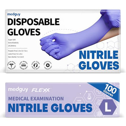 Medguy Medical Nitrile Exam Gloves, 4 Mil Powder-Free Latex-Free Disposable Food-Safe Cooking Cleaning, Blue-Violet 100 Pcs - color: Large (Blue-violet)