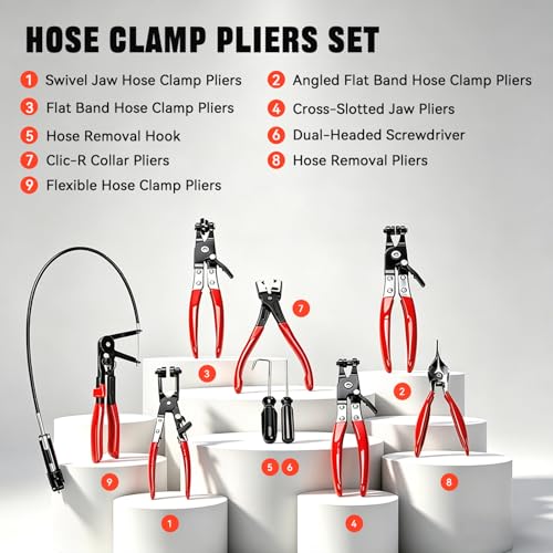 BARTOO 9pcs Hose Clamp Pliers Set, Hose Clamp Removal Tool for Automotive, Flexible Wire Long Reach Swivel Jaw Pliers for Fuel Oil Coolant Radiator Heater and Water Hose