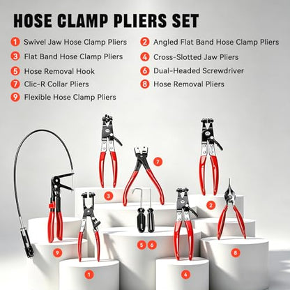 BARTOO 9pcs Hose Clamp Pliers Set, Hose Clamp Removal Tool for Automotive, Flexible Wire Long Reach Swivel Jaw Pliers for Fuel Oil Coolant Radiator Heater and Water Hose