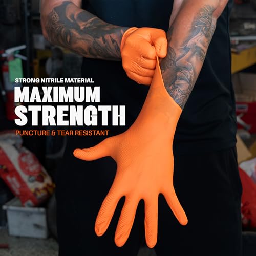GRIPXX Herkules Grip Heavy Duty 8Mil Orange Nitrile Gloves,3D Raised Diamond Texture-Latex & Powder Free-Industrial, Mechanic (1, Large) - size: Large, style: Orange - 100 Count