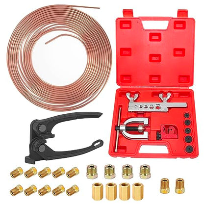 3/16 Copper Coated Flexible Tube Roll - 25 ft + Brake Line Flaring Tool Kit - Single & Double Flare Tool Kit + Tube Bender with 16 Fittings & 4 Unions