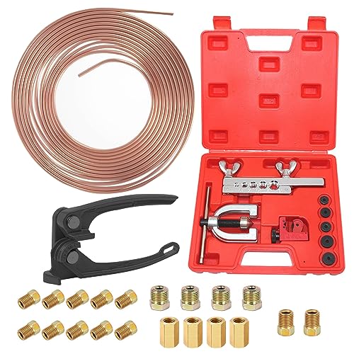 3/16 Copper Coated Flexible Tube Roll - 25 ft + Brake Line Flaring Tool Kit - Single & Double Flare Tool Kit + Tube Bender with 16 Fittings & 4 Unions
