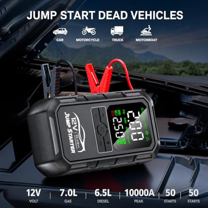 10-in-1 Car Battery Jump Starter with Air Compressor 10000A 160PSI Portable Car Jumper Starter (All Gas 12L Diesel), 12V Jump Box Car Battery Jump Starter Portable Jumper Cables, Lights (10000A) - size: 10000A