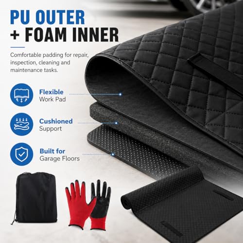Mechanic Creeper Rolling Mat with Gloves - 57 x 25 Inch Black Sliding Garage Work Mat - PU Outer Foam Inner Magical Creeper Style Pad for Car Repair and Under Vehicle Maintenance