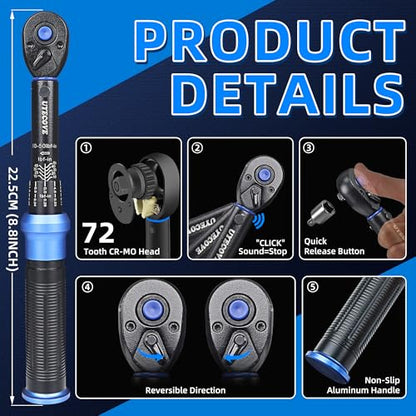 1/4 Inch Drive Click Torque Wrench 10-50 IN-LB,Dual-Direction Click Professional Torque Wrench 10-50IN.LB/1.1-5.7N.M, Dual Range Scales Graduated in FT.LB and N.M, Blue - size: 1/4" 10-50 IN-LB
