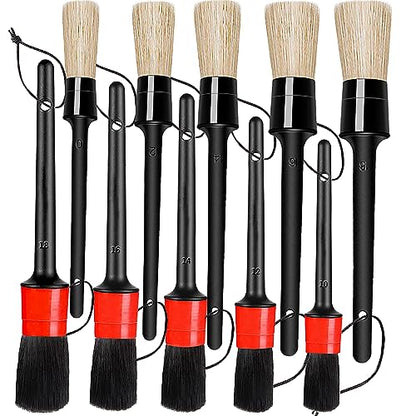 Detailing Brush Set - 10 Pcs Detail Brushes Car Detailing, Auto Boar Hair Car Detailing Kit for Cleaning Interior Exterior - Vehicles Wheels Leather Engine Dashboard - color: Car Detail Brushes Black+red