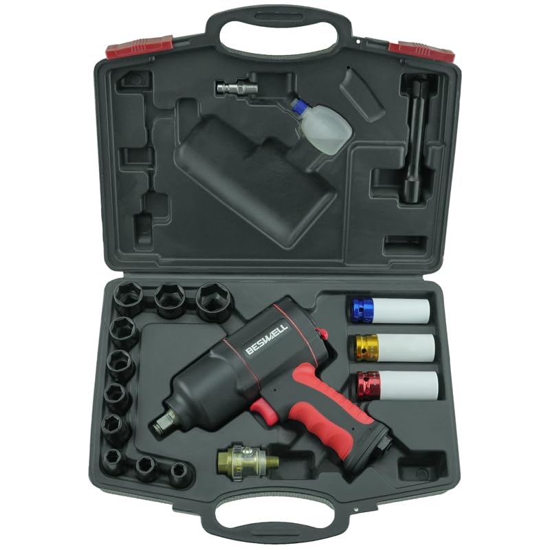BESWELL AKP-01N 1/2-Inch Air Impact Wrench Kit, 1180 Ft-Lbs Max Torque | Includes 11pcs SAE & 3pcs Metric deep sockets with case. twin hammer impact wrench for fast tire changes and auto repairs.