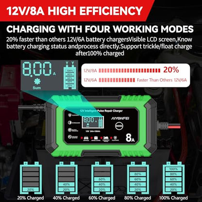 12V Battery Charger 8-Amp Smart Trickle Charger, Green | Battery Maintainer and Desulfator, Temperature Compensation, for Car, Truck, SUV, Motorcycle, Boat, Lead Acid, LiFePO4 - color: Green