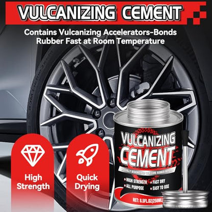 Chemical Vulcanizing Cement – Fast Dry Rubber Cement, All Purpose Tire Repair Glue, Tire Patch Kit with Brush – 8.5 FL.Oz for Car, Motorcycle, Bike (Rubber)