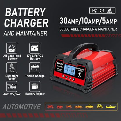 LVYUAN 30Amp Smart Car Battery Charger, 12V/24V Automotive Charger, Lead-Acid Battery, LiFePO4 Battery Maintainer with LCD Display, Trickle Charger, for Lawn Mower, Motorcycle, AGM, STD, Gel, EFB,etc