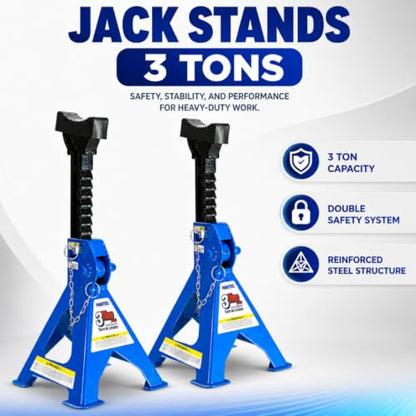 Hantec Jack Stands 3 Ton (6,600 lbs) Pro – Double Safety System, Non-Slip Rubber Pad, Heavy-Duty Steel, 1 Pair for Cars, SUVs and Trucks - Blue
