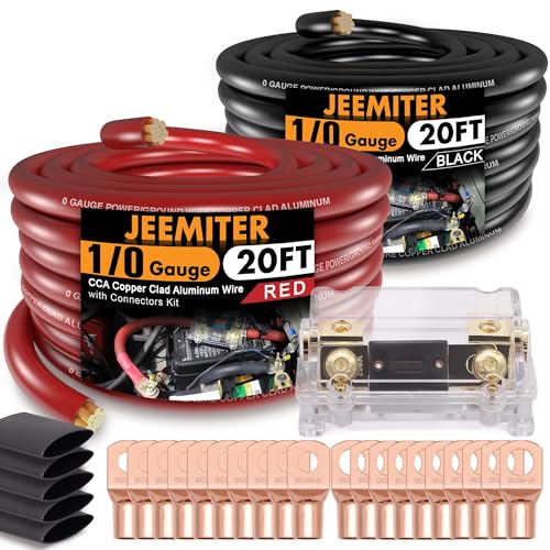Jeemiter 1/0 Gauge CCA Wire Battery Cable Copper Clad Aluminum 40ft Red/Black for Car Amplifier Power Ground,Audio Speaker,Winch,Solar,RV,Truck with 250A ANL Fuse Holder,Lug Terminals,Heat Shrink Tube - size: 40FT Wire + ANL Fuse