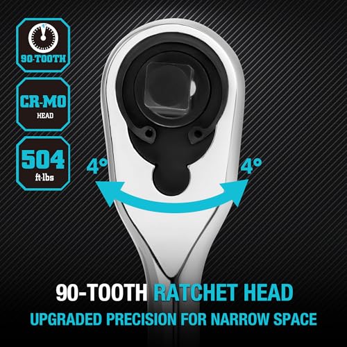 DURATECH Extra Long Handle 1/2-Inch Drive Ratchet, 90-Tooth Ratchet Wrench with 15" Handle and Dust Proof Teardrop Enclosed Head, Reversible, CR-V Steel Made, CR-MO Head, Full Polished, Gifts for Men - size: 1/2" with 15" handle