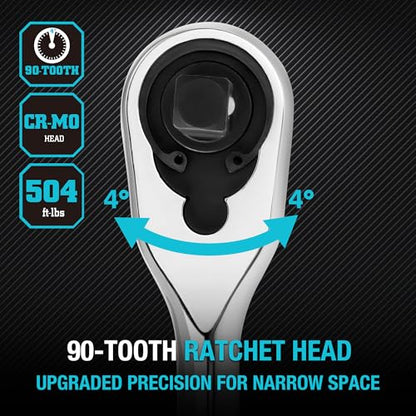 DURATECH Extra Long Handle 1/2-Inch Drive Ratchet, 90-Tooth Ratchet Wrench with 15" Handle and Dust Proof Teardrop Enclosed Head, Reversible, CR-V Steel Made, CR-MO Head, Full Polished, Gifts for Men - size: 1/2" with 15" handle