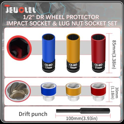 7PCS 1/2" Dr Wheel Protector Impact Socket & Lug Nut Socket Set, 17, 19, 21mm Lug Nut Remover Extractor Tools, 6 Point Non-Marring Lug Nut Thin Wall Deep Socket Wrench, Twist Socket CR-MO