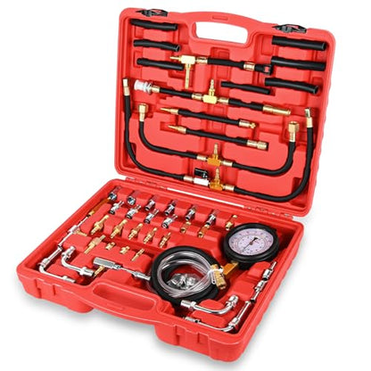 GOOACC Fuel Injection Pressure Tester Kit - 0-140 PSI Gasoline Pump Diagnostic Tool with Schrader Valve Adapters & Relief Button for Car Motorcycle Truck