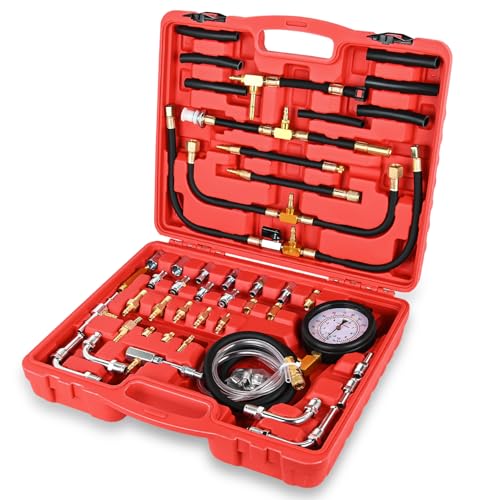 GOOACC Fuel Injection Pressure Tester Kit - 0-140 PSI Gasoline Pump Diagnostic Tool with Schrader Valve Adapters & Relief Button for Car Motorcycle Truck