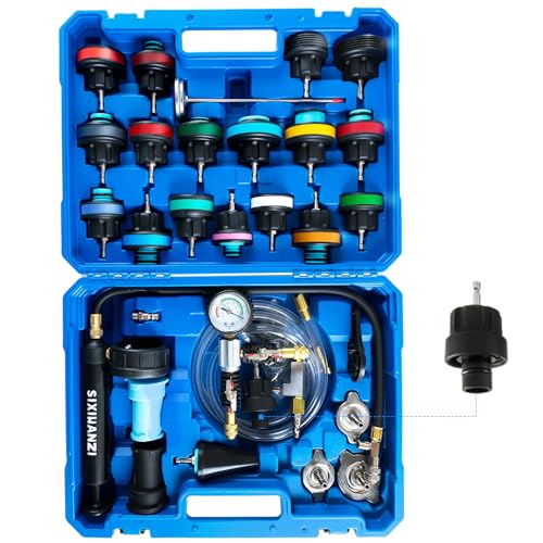 SIXIWANZI 31pc Coolant Pressure Tester and Vacuum Refill Kit with 24 Radiator Adapters, Universal Radiator Pressure Tester Kit for Automotive Cooling System Water Tank Leakage Detection