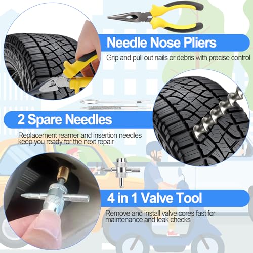 Tire Plug Kit, 160 PCS Tubeless Tire Repair Kit with Metal T-Handle Tools, Repair Strips, Screw-in Repair Plugs, Valve Stem Service Accessories, Pressure Gauge, Gloves & Hard Case - color: 160Pcs Tire Repair Kit
