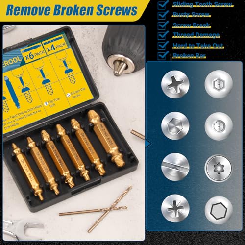 10 PCS Damaged Screw Extractor Set, 6 PCS HSS 6542 Screw Extractor Remover Kit and 4 PCS Twist Drill Bit Kit for Stripped Screws & Drill Bit Tools, Gifts for Men - size: 10 Pieces