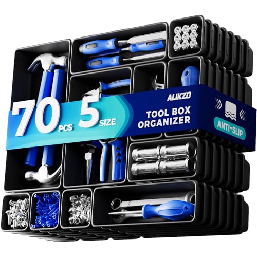 70 PCS Tool Box Organizer Tray & Desk Drawer Organizer Set, 5 Size Interlocking Bins for Garage Tool Storage, Mechanic Tool Chest, Rolling Cart, Workbench Drawers with EVA Non Slip Pads - color: 70PCS_5SIZE_Black