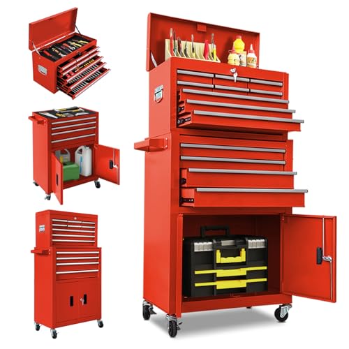 13 Drawer Rolling Tool Chest with Double Door, 2 in 1 Detachable Tool Box with Lock, Heavy Duty Rolling Tool Cabinet with Wheels & Brakes, Mechanic Tool Cart Organizer for Garage,Gift for Men (Red) - color: Red